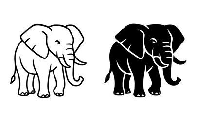 Obraz premium Elephant illustration icon, black and white in outline and silhouette style