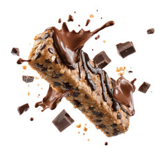 Exploding granola bar with melting chocolate and chunks, against black background