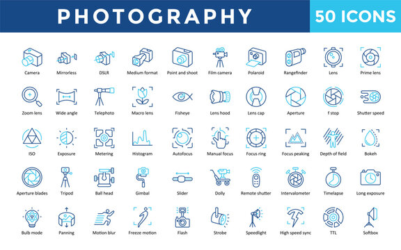 Photography icons set with camera, mirrorless, telephoto, point and shoot, bokeh, focus peaking, depth of field, long exposure, bulb mode icon. Simple outline color vector 
