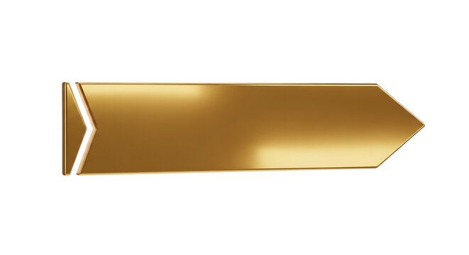 Shiny golden arrow shape banner with blank space for text, isolated on white background, 3D render