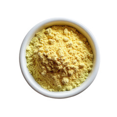 Yellow powder fills white bowl. Dark background provides contrast. Top view