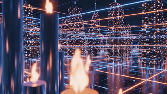 Candlelit cityscape with glowing gridlines digital render abstract scenery