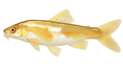Golden fish with barbels, white belly, prominent fins, isolated on black