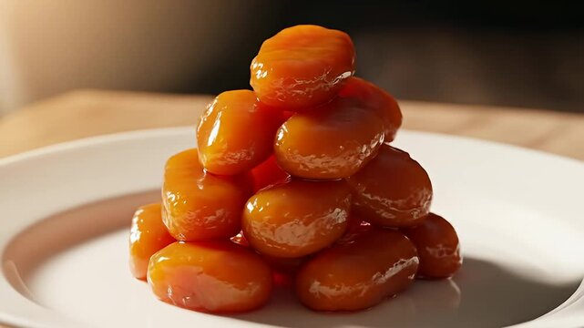 Delicious Glazed Kumquats Stacked on a White Plate.
