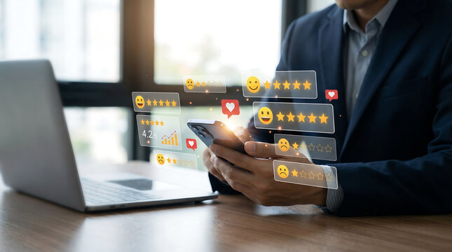 Man reviews customer satisfaction scores on his smartphone, with holographic elements showing star ratings and feedback sentiment analysis.