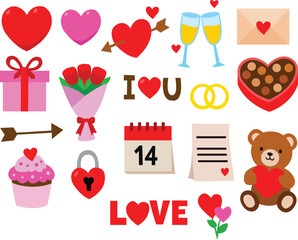 Cute Love and Valentine Elements Flat Illustration Set