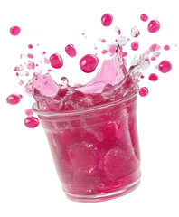 Berry-filled cup with juice splash and berries flying, on black