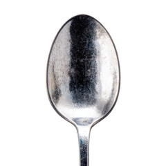 Shiny, slightly tarnished silver spoon against a stark, contrasting black backdrop