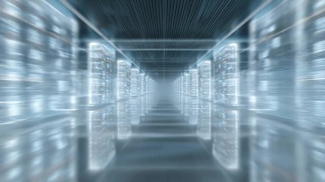 Data Center Corridor: An evocative perspective of a server room, the image captures a vast network of servers and data storage units in a futuristic design.