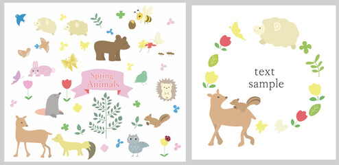 春に活発に動く生き物たち　イラスト素材とフレーム素材