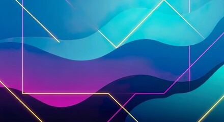Abstract geometric wave pattern background with neon lights and gradients of blue, purple, and teal