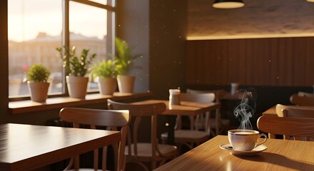 Fototapeta premium Cozy wooden interior of a modern coffee shop at sunset with a steaming cup on the table. Concept of peaceful morning, cafe culture, hygge lifestyle, and relaxing urban atmosphere.