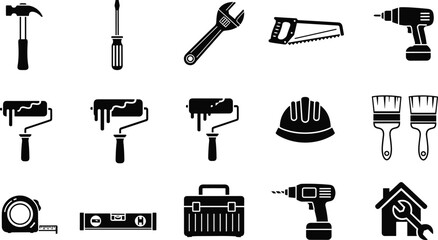 Obraz premium Construction and home improvement tool icons set including hammer drill wrench paint roller toolbox safety helmet, black silhouette vector illustration isolated on white background