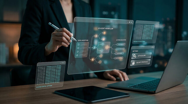 Businesswoman reviewing an AI agent workflow on a futuristic interface, showing data ingestion, action execution, and settings, representing advanced system management.