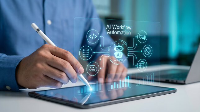 Person interacting with an AI workflow automation diagram on a tablet, featuring an AI agent, data processing, and connection icons, representing smart process management.