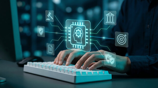 Hands typing on a keyboard with a luminous AI chip icon surrounded by symbols for law, government, documents, goals, and safety.