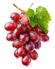 Fresh bunch of red grapes with green leaf isolated on white background
