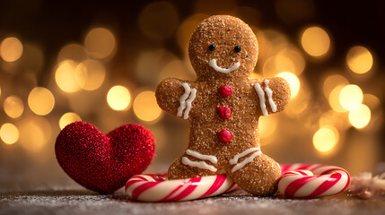 Gingerbread man cookie with candy cane and red glitter heart on festive bokeh background