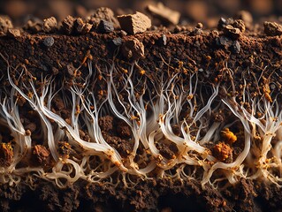 Mushroom mycelium growing in rich soil with white roots