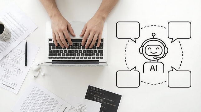 Top view of person coding on laptop with AI chatbot icon and blank speech bubbles for communication concepts