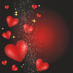 Floating red hearts with sparkles on dark background. Romantic love fantasy scene.
