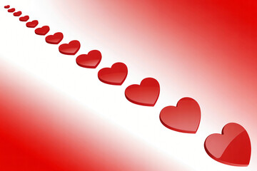 Diagonal row of red hearts on gradient background. Romantic love abstract scene.