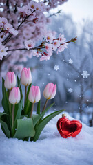 Five pink and white tulips bloom unexpectedly beside a shiny red heart ornament in the snow.