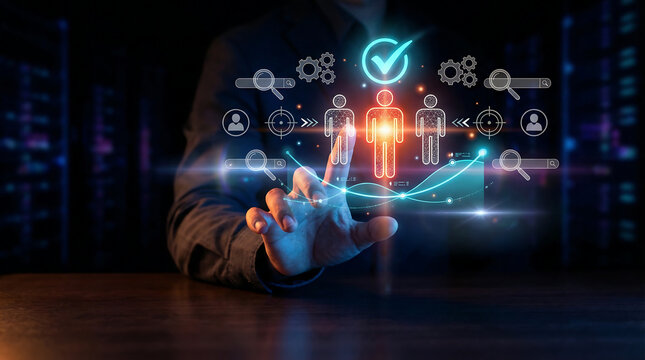 Business man touching virtual screen for human resource management, quality people selection, and digital recruitment process with glowing data.