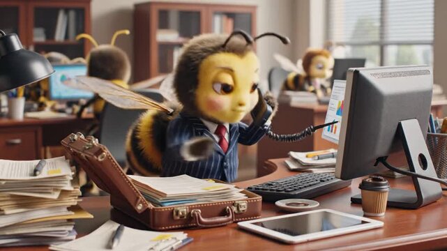 Animated business bees working in the office, using computers and phones, Busy workplace concept,