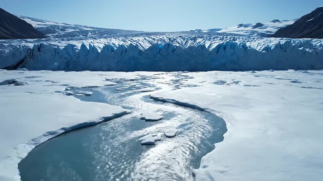 Glacial meltwater carves intricate patterns across barren ice landscape