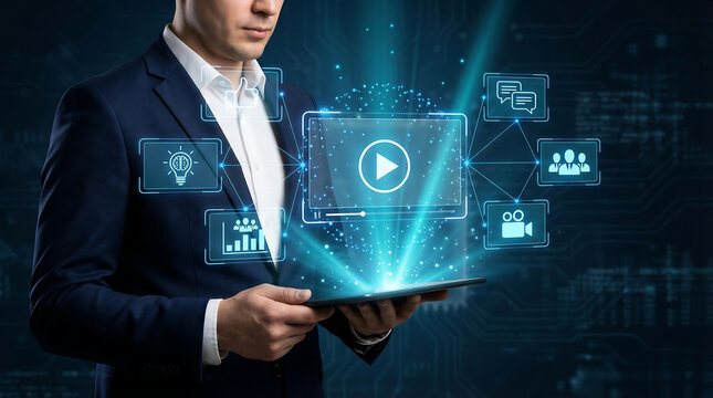 Professional managing online video content and digital communication on a tablet, with a radiant virtual media player surrounded by interactive social and business icons.