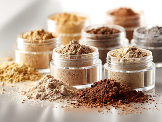 Variety of professional cosmetic loose powders in different skin tone shades