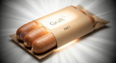 Sausages in paper packaging illuminated on white background studio shot