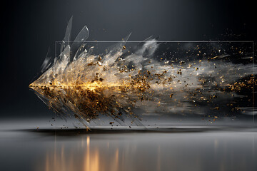 Golden arrow shattering through glass into shards on a dark background