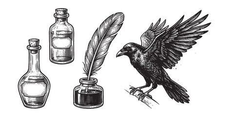 Obraz premium Quill Pen Inkwell Crow and Potion Bottles Engraving