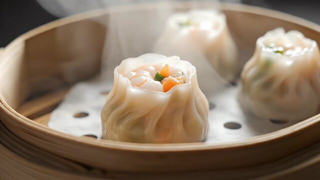 Perfectly formed dumpling steamed in bamboo basket close up