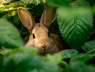 Close up portrait of a cute brown rabbit peeking through green tropical leaves