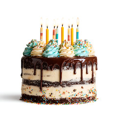 Layered chocolate drip birthday cake with seven burning candles and colorful sprinkles