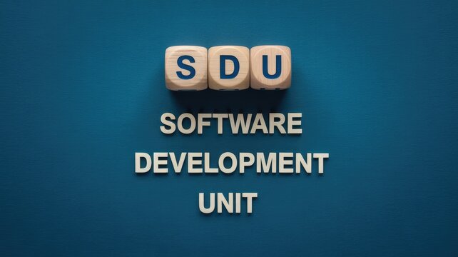 Wooden alphabet blocks spell out the acronym SDU representing the important concept of a dedicated software development unit on a blue surface