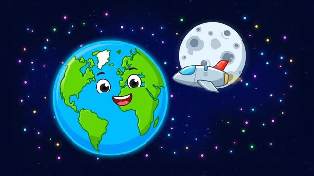 A cartoon Earth with a smiling face floats beside a spaceship near the Moon in outer space with stars