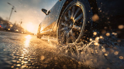 Car wheel splashing through water puddle on road during golden hour sunset