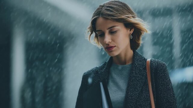 A Woman's Quiet Moment in the Rain: A beautiful woman in business attire navigates a rain-swept urban landscape, a picture of focused determination despite the elements.