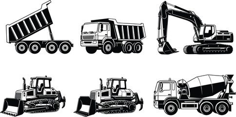 Set of construction vehicles silhouettes including dump trucks excavator bulldozer and concrete mixer isolated on white background for industrial engineering design vector illustration © Parvej Creatives