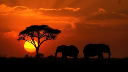 Obraz premium Majestic silhouettes of two African elephants walking across the savanna landscape beneath a brilliant yellow sun setting through fiery orange clouds