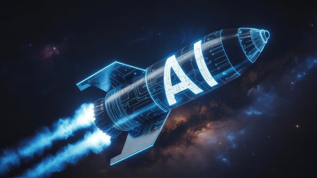 Futuristic artificial intelligence rocket blasting off into deep space symbolizes rapid technological advancement and digital transformation acceleration in the digital cosmos