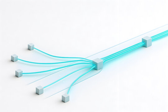 Minimal hub and spoke data aggregation concept with multiple sources converging to central node, 3D technology
