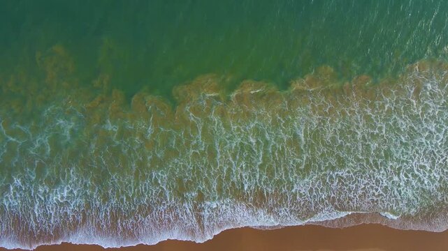 Drone top view of foamy ocean waves and golden sand beach, forming clean natural lines, textures, and peaceful coastal background