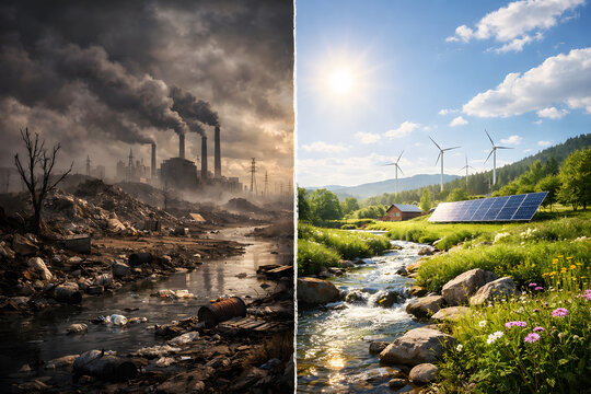 Comparison contrast between polluted industrial factory smoke and clean renewable energy nature landscape, climate change and sustainability concept.