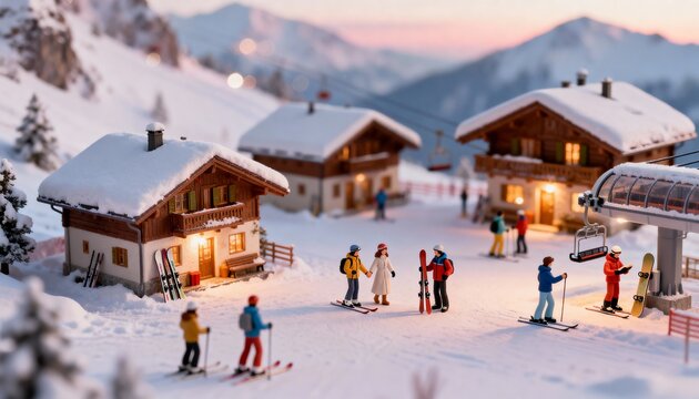 A magical tilt-shift photo of a miniature ski resort village at dawn. Tiny people with skis and snowboards create a cozy, dreamy winter scene with soft bokeh.
