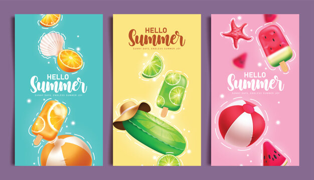 Hello Summer greeting clipart poster set. Hello Summer greeting text clip art with fruits like lemon, kiwi and watermelon summer elements collection seasonal postcard design vector illustration.
